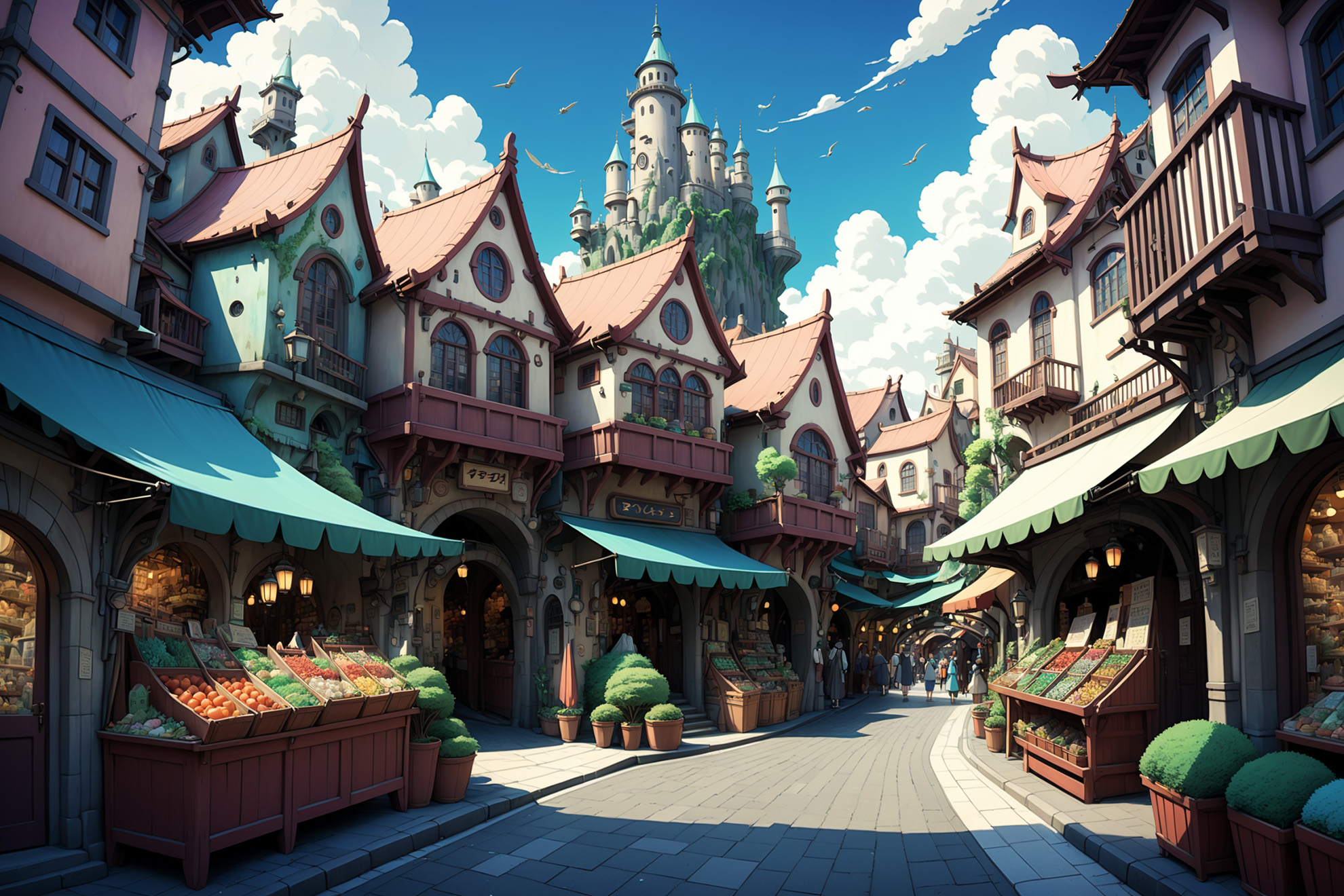 An AI-generated image of a village scene in the style of Studio Ghibli.